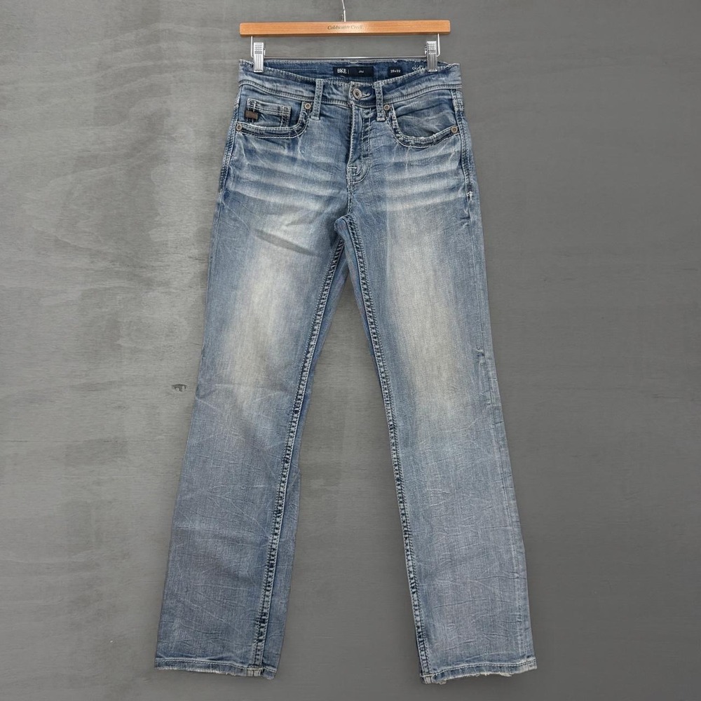 BKE Buckle Jake Straight Leg Jeans Light Wash Whiskered Distressed Denim 29 x 32